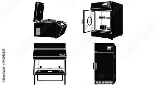 A technical drawing of various laboratory equipment