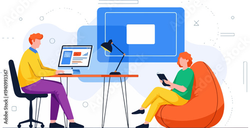 Modern flat vector illustration of two people collaborating remotely, one working on a laptop at a desk and another on a tablet in a bean bag chair, ideal for business, technology