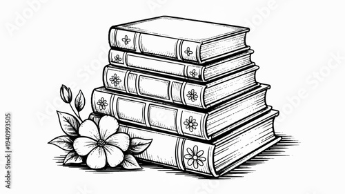 Stack of old books with flower and leaves on white background education and literature concept
