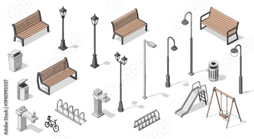 A variety of isometric playground equipment including benches, street lamps, a bicycle, a slide, and a swing set.