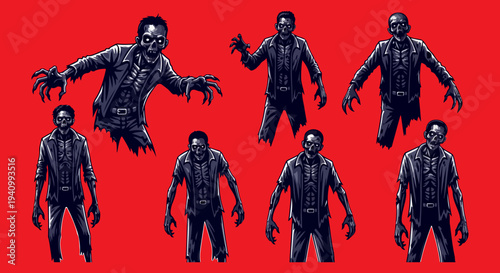 Set of 7 Scary Zombie Characters Vector Illustrations for Halloween Horror Designs, Undead Apocalypse Concepts, and Spooky Game Assets on Red Background