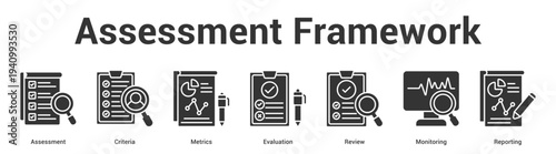 Assessment Framework web banner icon set vector illustration concept for business with icon of Assessment, Criteria, Metrics, Evaluation, Revi.