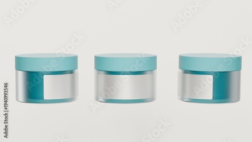 Wallpaper Mural 3D rendering Blank green cosmetic jar on a light white background. A round, frosted glass jar with a matching green lid. A blank white label is affixed to the jar. Simple, clean aesthetic Torontodigital.ca