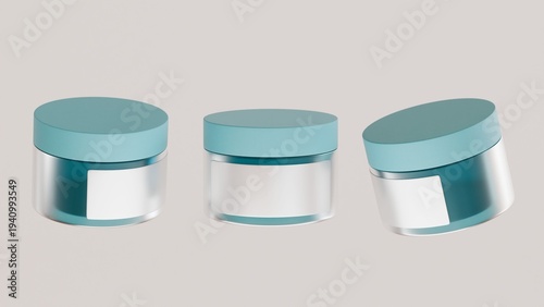 Wallpaper Mural 3D rendering Blank green cosmetic jar on a light white background. A round, frosted glass jar with a matching green lid. A blank white label is affixed to the jar. Simple, clean aesthetic Torontodigital.ca
