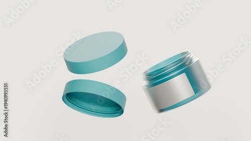 Wallpaper Mural 3D rendering Blank green cosmetic jar on a light white background. A round, frosted glass jar with a matching green lid. A blank white label is affixed to the jar. Simple, clean aesthetic Torontodigital.ca