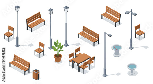 A set of isometric outdoor park elements including wooden benches, street lights, a dining table, and stone birdbaths.
