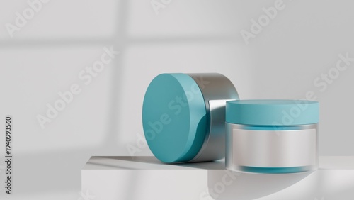 Wallpaper Mural 3D rendering Blank green cosmetic jar on a light white background. A round, frosted glass jar with a matching green lid. A blank white label is affixed to the jar. Simple, clean aesthetic Torontodigital.ca