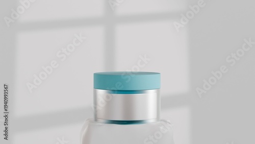 Wallpaper Mural 3D rendering Blank green cosmetic jar on a light white background. A round, frosted glass jar with a matching green lid. A blank white label is affixed to the jar. Simple, clean aesthetic Torontodigital.ca