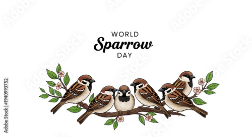 Illustration of five house sparrows perched on a flowering branch with green leaves, celebrating World Sparrow Day with a vector design.