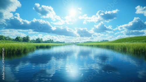 Idyllic Summer Landscape with Calm River and Sunny Sky summer landscape river idyllic calm nature