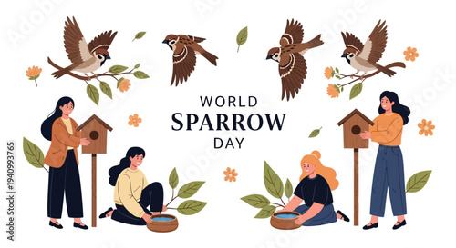 Illustration of people engaging in bird conservation activities for World Sparrow Day with vector graphics of house sparrows and bird feeders.