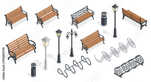 A collection of isometric park furniture featuring ornate metal benches, lamp posts, and curved bicycle parking racks.