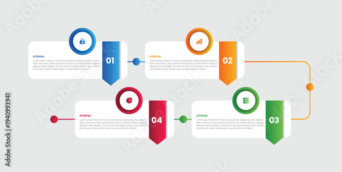 4 points infographic with gradient style with round rectangle with line circular connection with arrow ribbon badge with 4 elements stages