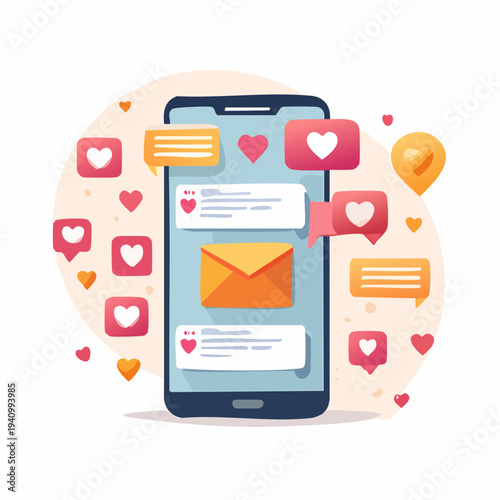 Vibrant mobile phone illustration showcasing dynamic social media interactions, message notifications, and heart-shaped likes for modern digital engagement