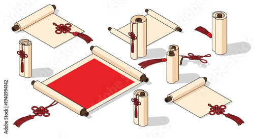 An assortment of isometric paper scrolls in red and cream colors are scattered across a white surface with attached decorative red tassels.