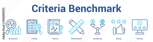 Criteria Benchmark web banner icon set vector illustration concept for business with icon of Benchmark, Criteria, Metrics, Measurement, Comparis.