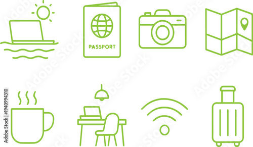Travel and leisure icons depicting vacation essentials like passports cameras and wifi access high quality professional