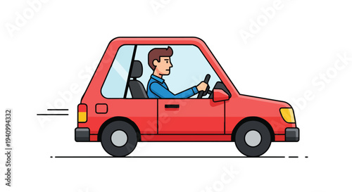 A focused driver navigating a bright red compact car on a white background, conveying movement and personal transport