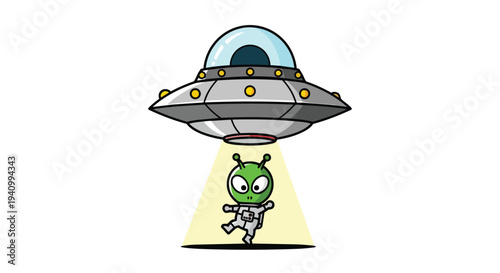 Whimsical cartoon alien abductee encountering a friendly extraterrestrial spacecraft in a playful cosmic scene