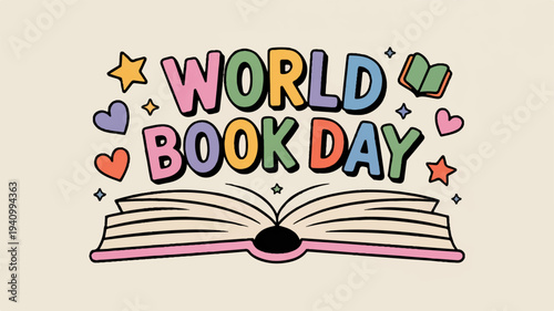 Colorful world book day illustration with open book and hearts