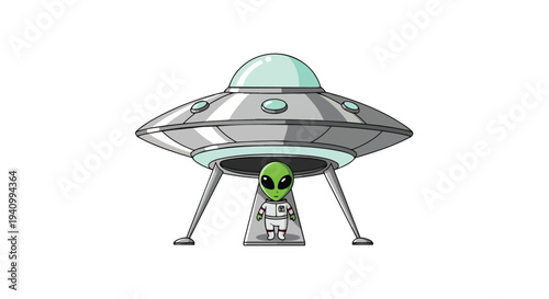 Adorable Green Extraterrestrial Emerges from Retro Flying Saucer Spaceship, a Whimsical Sci-Fi Encounter Illustration