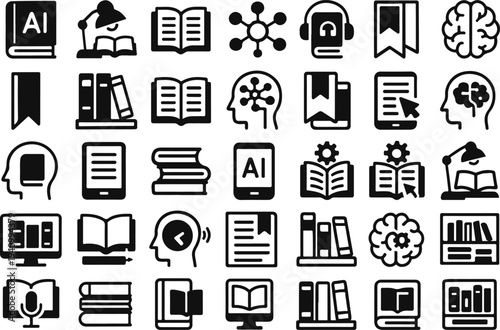 Collection of black and white icons representing learning technology and the human mind high quality professional