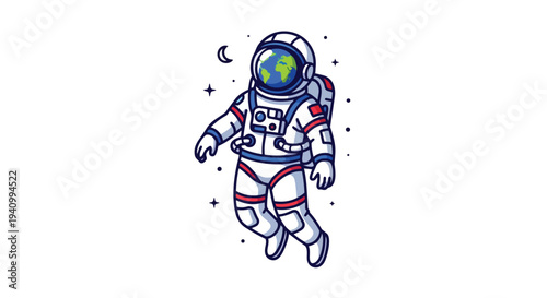 Whimsical astronaut floating in cosmic expanse with Earth helmet amidst stars and crescent moon