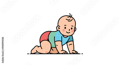 Adorable cartoon baby crawling forward with a joyful expression, exploring the world on its hands and knees.