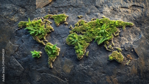 World Map Made of Moss and Plants on Stone Texture - Environmental Concept map moss stone texture ai