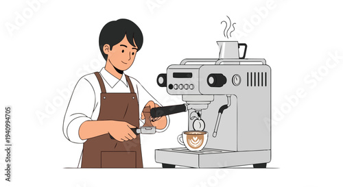 A skilled barista crafts a beautiful latte art, preparing a delightful coffee beverage with precision using a professional espresso machine and a