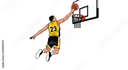 Dynamic illustration of a basketball player executing a powerful slam dunk with athletic grace and focus on the action