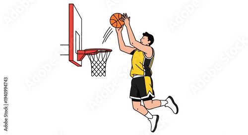 Dynamic illustration of a basketball player in mid-air executing a powerful dunk over the hoop, capturing the essence of athletic performance and