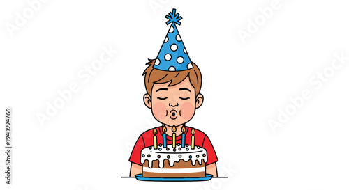 A young boy with eyes closed wears a polka dot party hat and blows out candles on a birthday cake, illustrating a joyous celebration