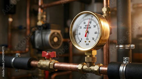 Professional Water Pressure Gauge Monitoring on Copper Piping System for Residential HVAC and Plumbing Services