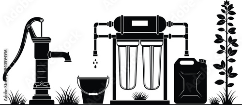 Water filtration system illustration, manual pump, dripping faucet, dual chamber filter, jerry can, clean water collection, sustainable rural purification design
