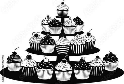 Cupcake stand illustration, decorated cupcakes, frosting designs, sprinkles, cherries, hearts, dessert art, baking inspiration, sweet treat display
