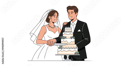 Joyful Newlywed Couple in Elegant Attire Cuts a Multi-Tiered Wedding Cake Symbolizing Union and Celebration
