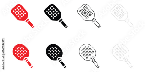 pickleball paddle icon vector set, sports bat symbol vector, silhouette and line art illustration