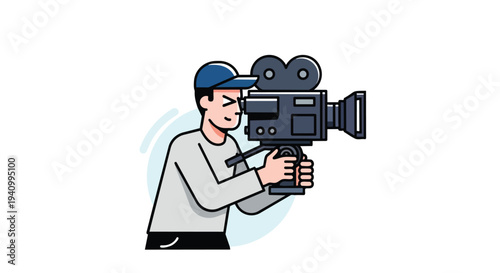 Illustration of a filmmaker with a vintage camera on a tripod, engaged in capturing cinematic moments with focused intent