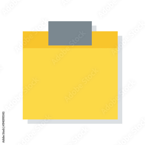 Yellow sticky note with gray clip on white background, office supply