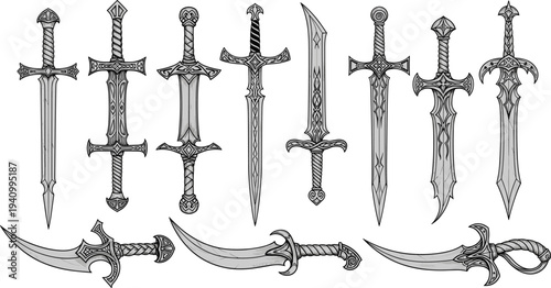 Fantasy sword and dagger illustration, ornate blades, decorative hilts, weapon design art, medieval armaments, fictional armory, creative fantasy artwork