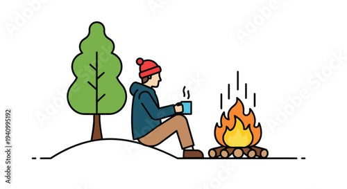 Cozy Solitude by the Campfire: A Person Enjoys a Warm Drink Next to a Tree in a Minimalist Outdoor Scene Illustration
