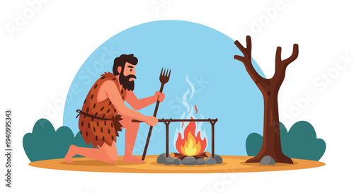 Early Human Preparing a Meal Over an Open Fire, Illustrating Primitive Survival and Culinary Beginnings in a Stylized Landscape