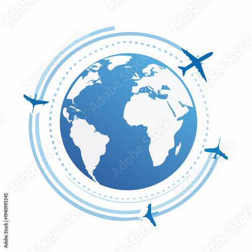 Blue Airplanes Flying Around Globe Illustration.