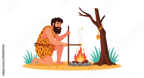 Ancient man demonstrates primitive fire-starting techniques by a roaring campfire under a lone tree, showcasing early human ingenuity and survival