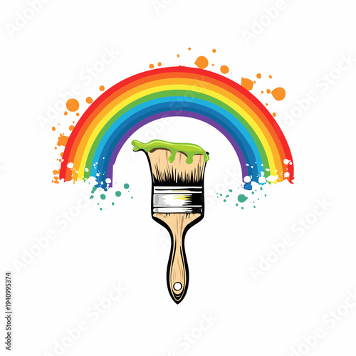 Paintbrush with Rainbow Colored Paint Splatter.