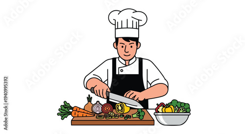 Joyful Chef Character Illustrating Culinary Preparation of Fresh Vegetables on a Wooden Board, Engaging in Healthy Cooking