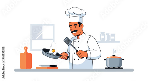 A cheerful chef expertly cooks a sunny-side-up egg in a frying pan, preparing a delicious meal in a bright, modern kitchen setting with various