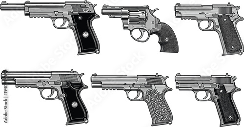 Handgun illustrations, revolver and pistol collection, firearm side view designs, weapon comparison, detailed gun artwork, military, security, defense, tactical