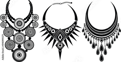Ethnic statement necklace silhouettes collection, tribal jewelry designs with geometric ornaments, bohemian fashion accessories vector set isolated